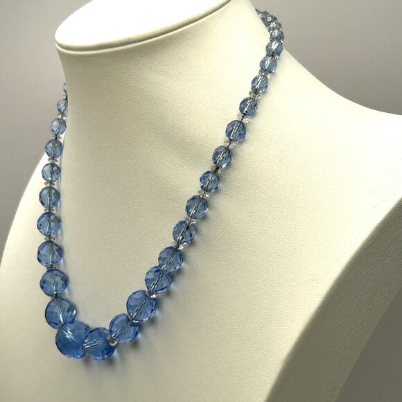 Vintage Czech Faceted Blue Glass Crystal Bead Necklace Graduated 16” - Picture 10 of 16
